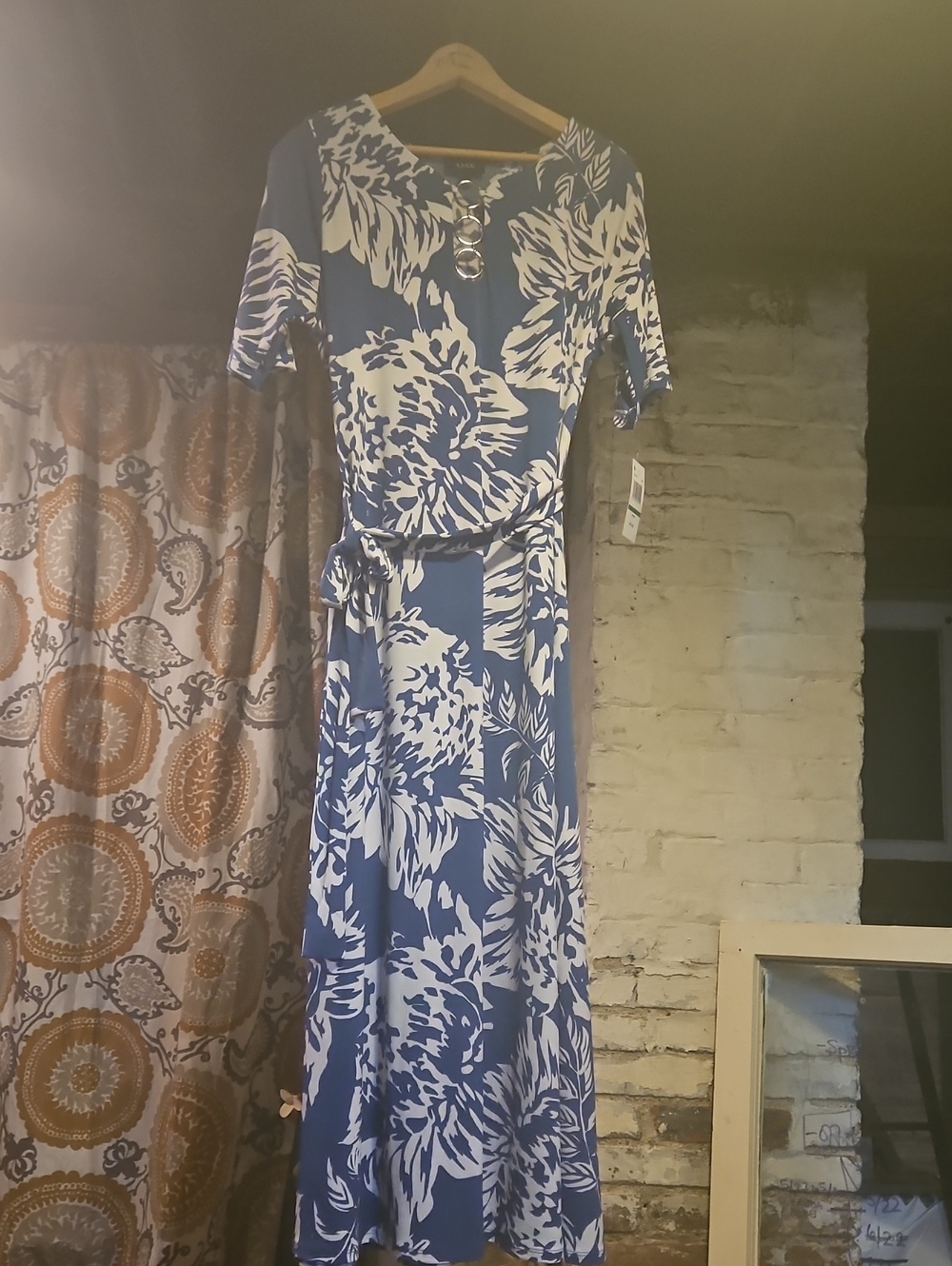 MSK Blue and White Floral Maxi Dress with Tie Belt